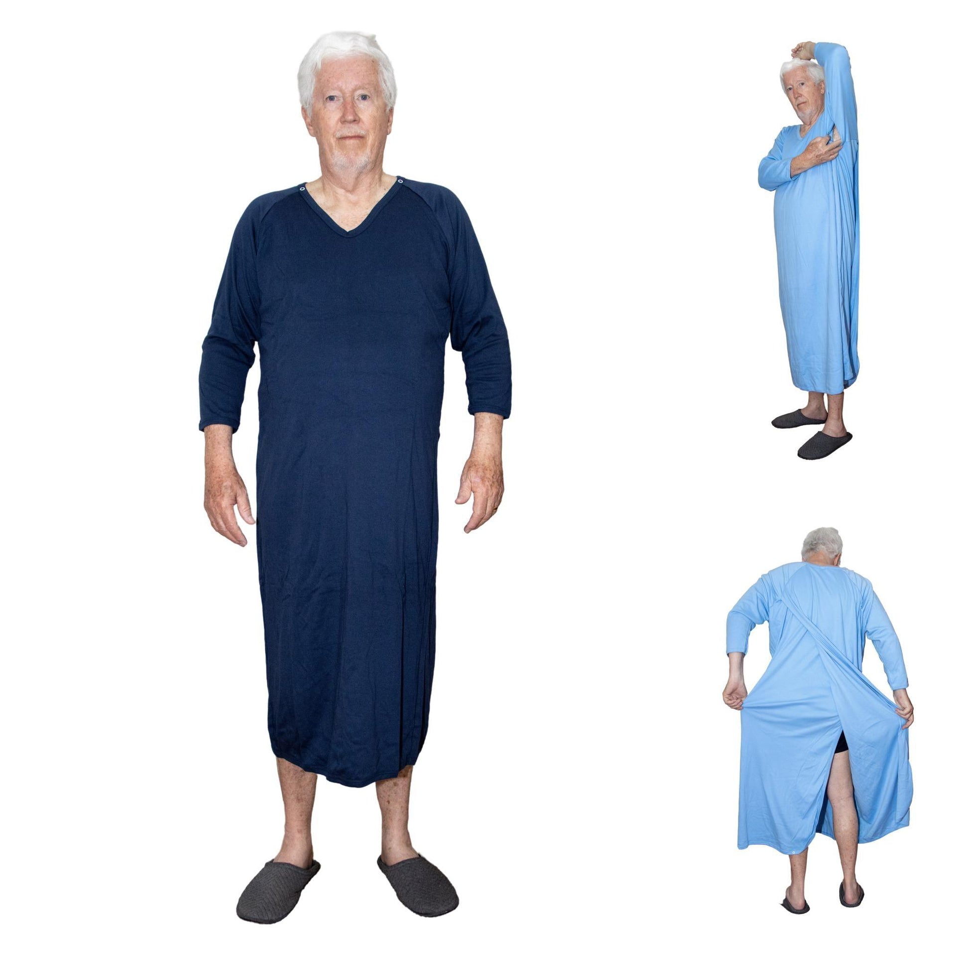 Men's Adaptive Nightwear: 100% Pure Cotton Interlock Back Opening Nightshirt with Popper Fastenings - M006 - MEDORIS