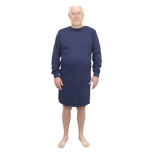 Men's Adaptive Nightwear: 100% Interlock Cotton Completely Open Back Nightshirt with Long Sleeves - M139